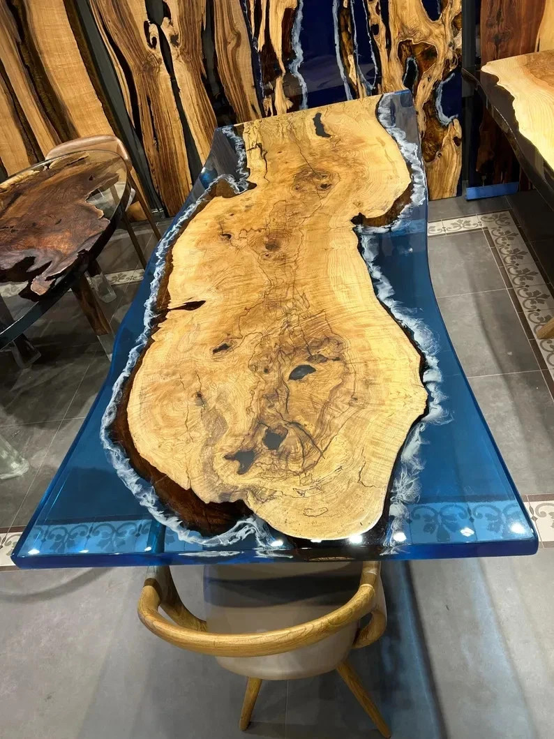 Live Edge Walnut Wood Epoxy Table Blue Resin River Dining Table Conference Desk