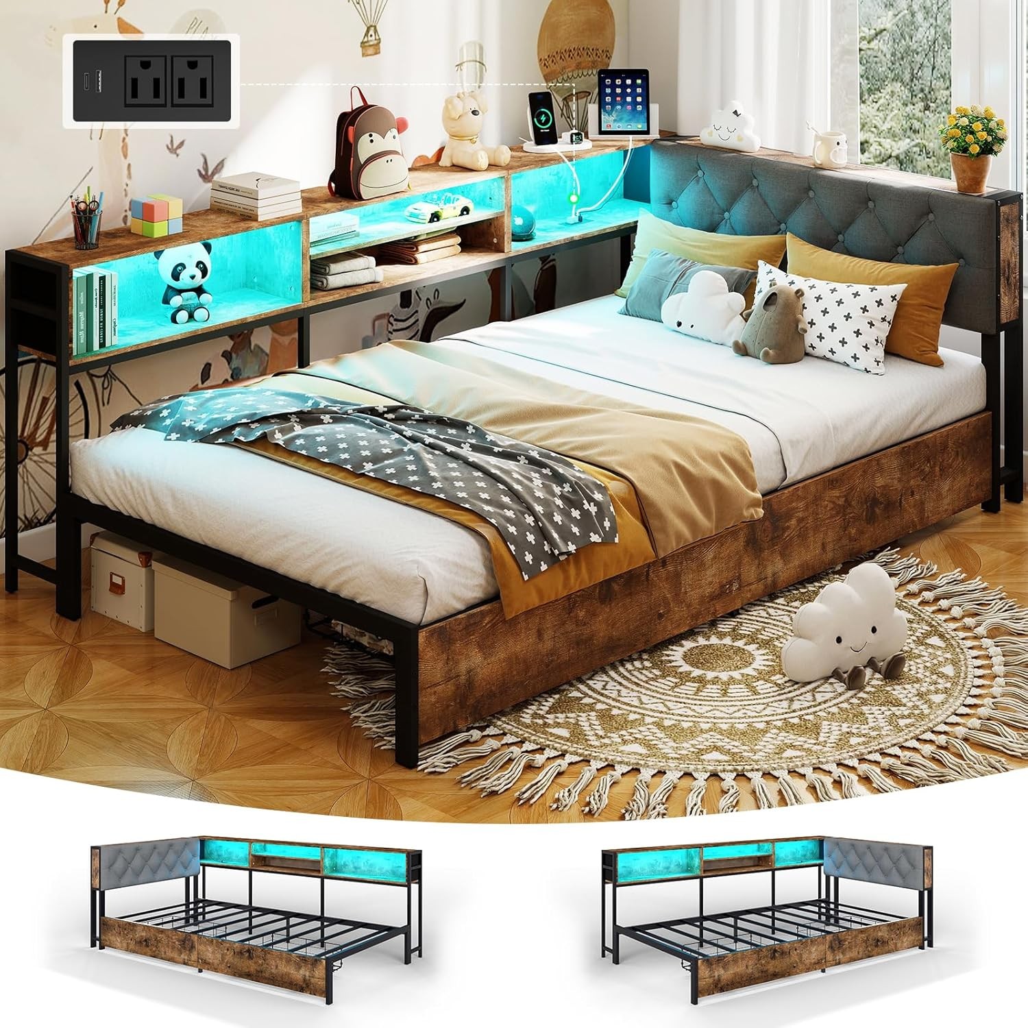 Twin Size Daybed Upholstered Headboard 2 Storage Drawer Bed Frame for Kids Teens