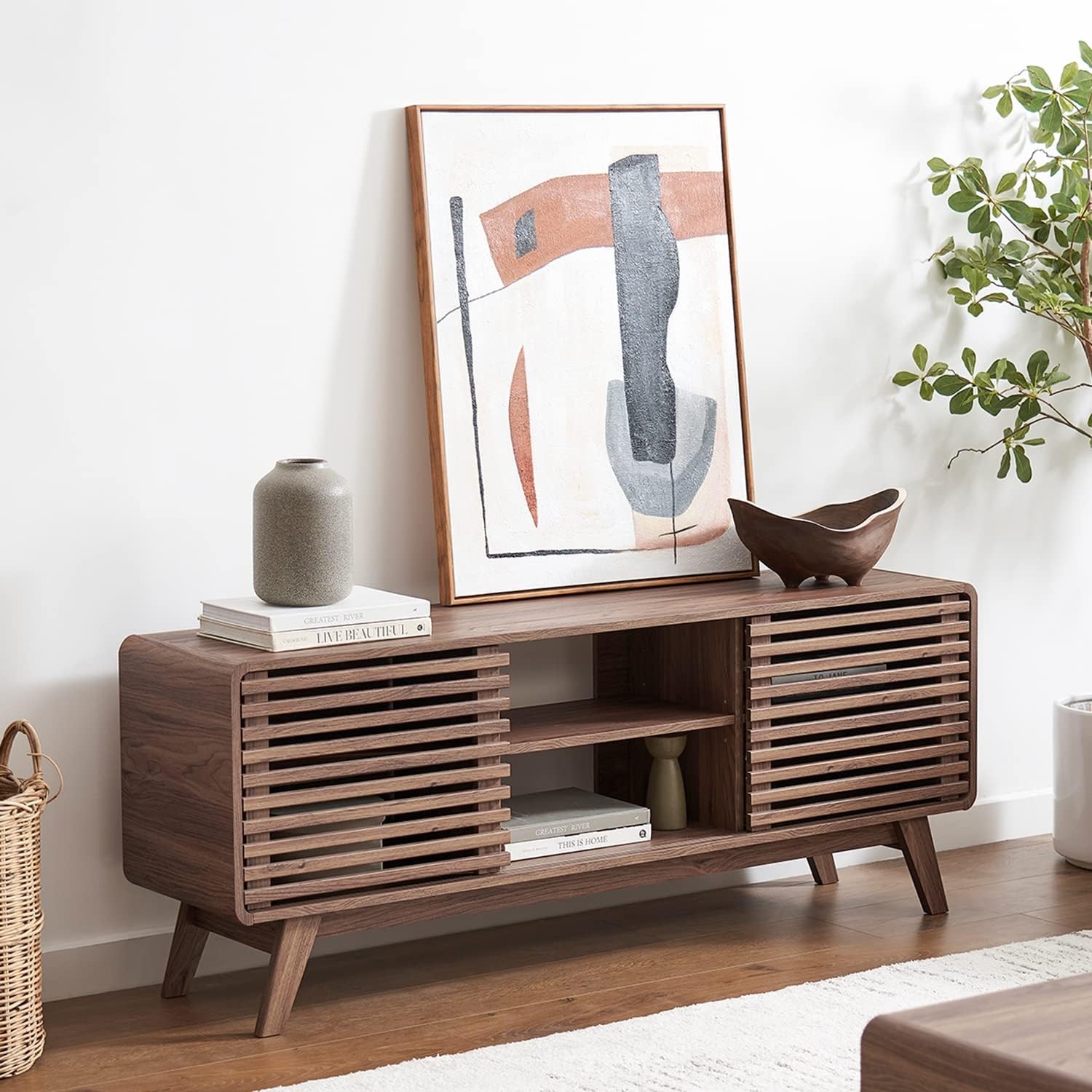 Ensley 59″ Tall TV Stand W/ Slatted Door Mid Century Modern Entertainment Center