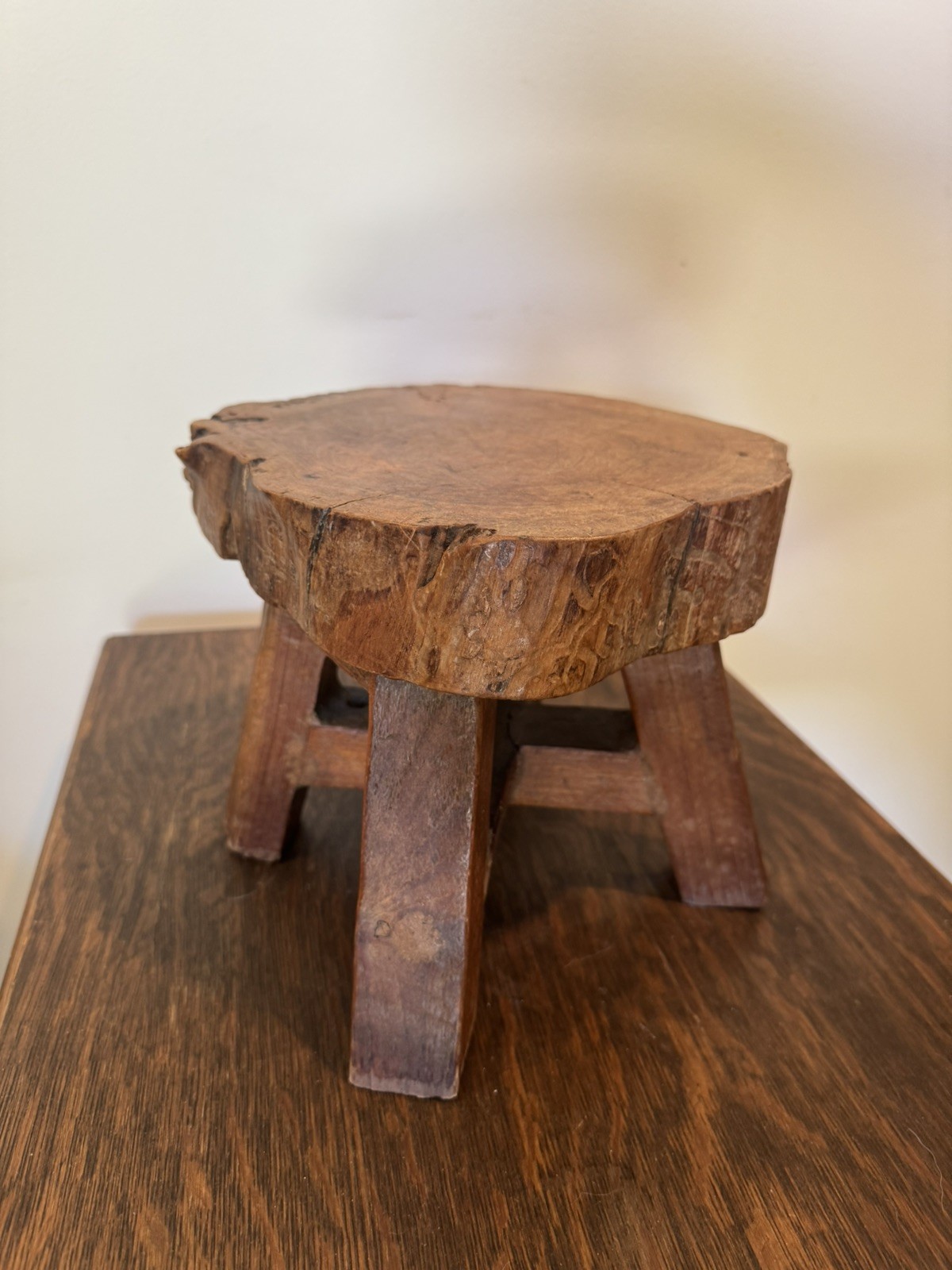 Antique Primitive Wooden Milking Stool Rustic Farmhouse Footstool Hand Hewn Wood