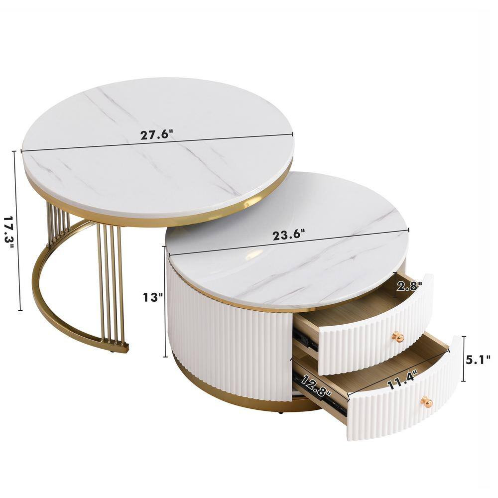 Modern 27.6 In. White and Gold Wood Nesting End Table Coffee Table with Drawers