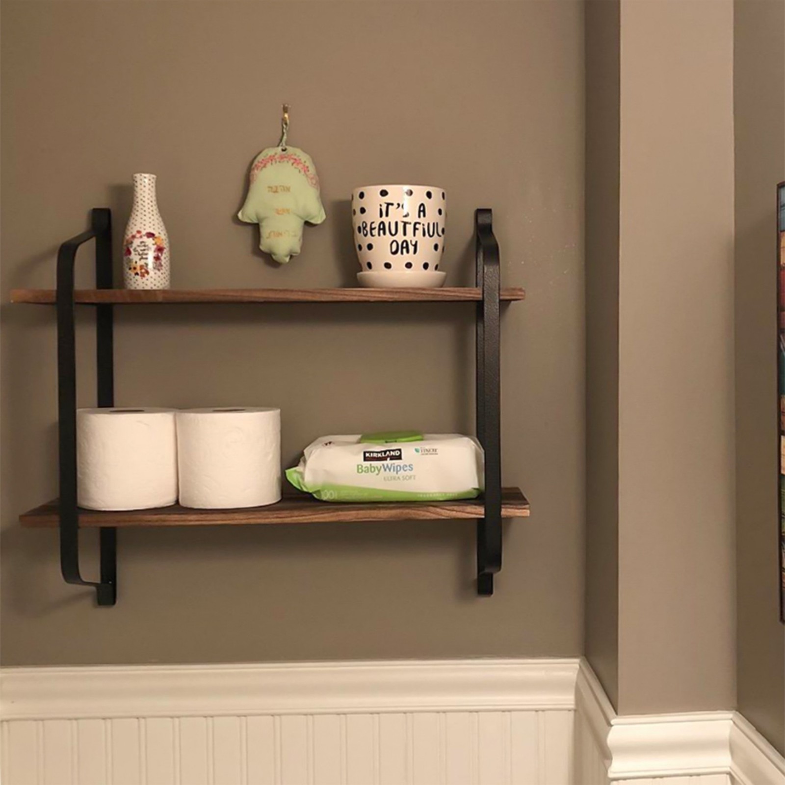 Dual Layer Floating Wall Shelving Unit W/ Metal Brackets Rustic Storage Rack USA