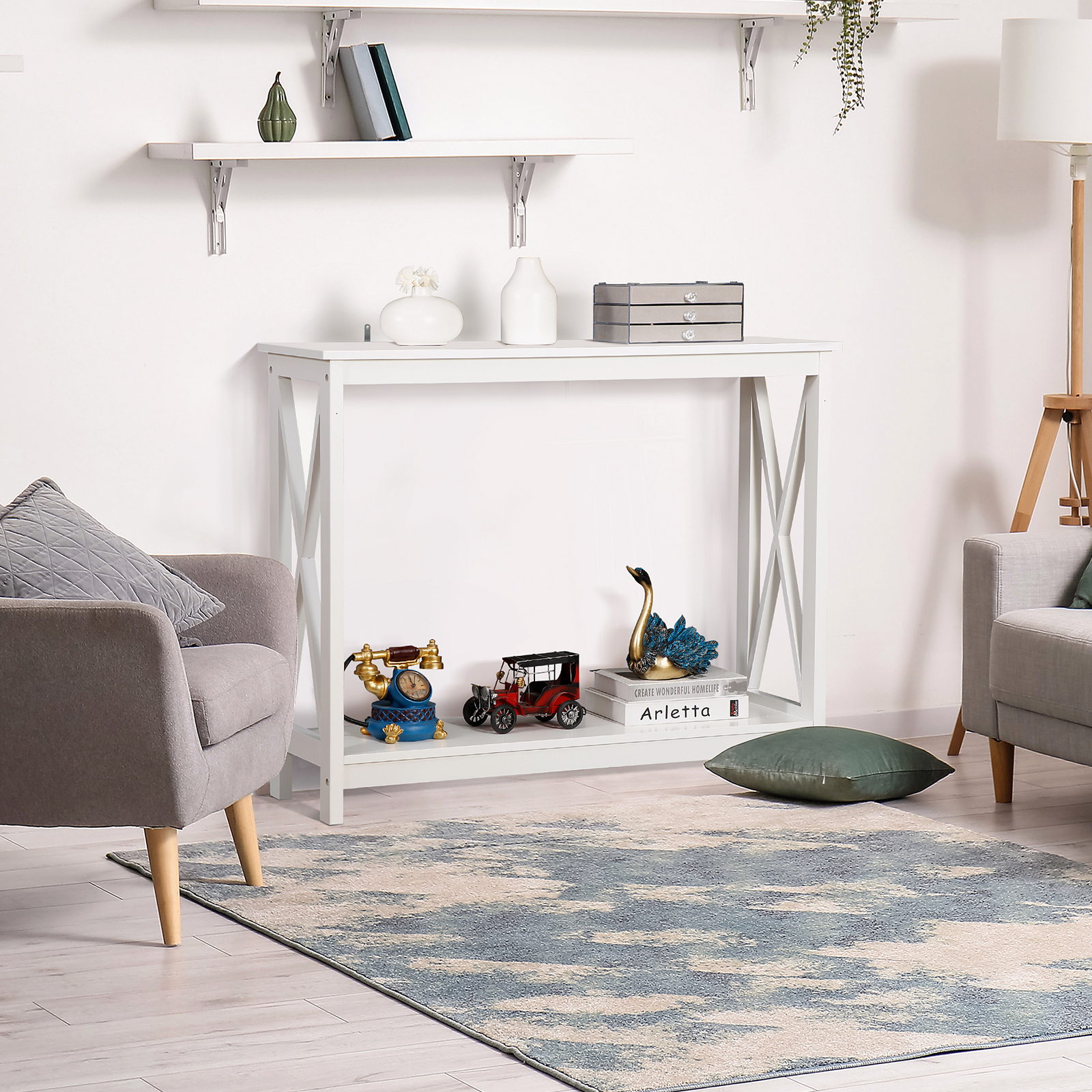 ZenSports 2-Tier Narrow Console Table for Entryway Modern Accent Sofa White