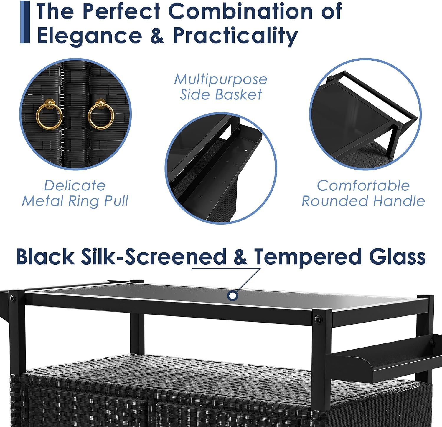 Xilingol Outdoor Bar Table, Wicker Bar Cart with Cabinet, Patio Serving Cart wit