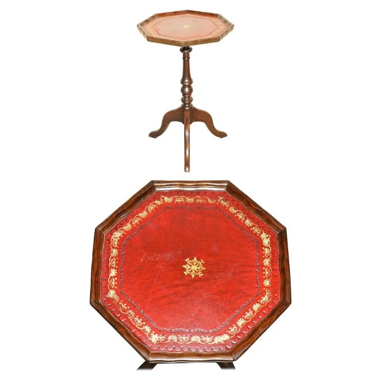 LOVELY GOLD LEAF EMBOSSED OXBLOOD LEATHER TRIPOD SIDE END LAMP WINE TABLE