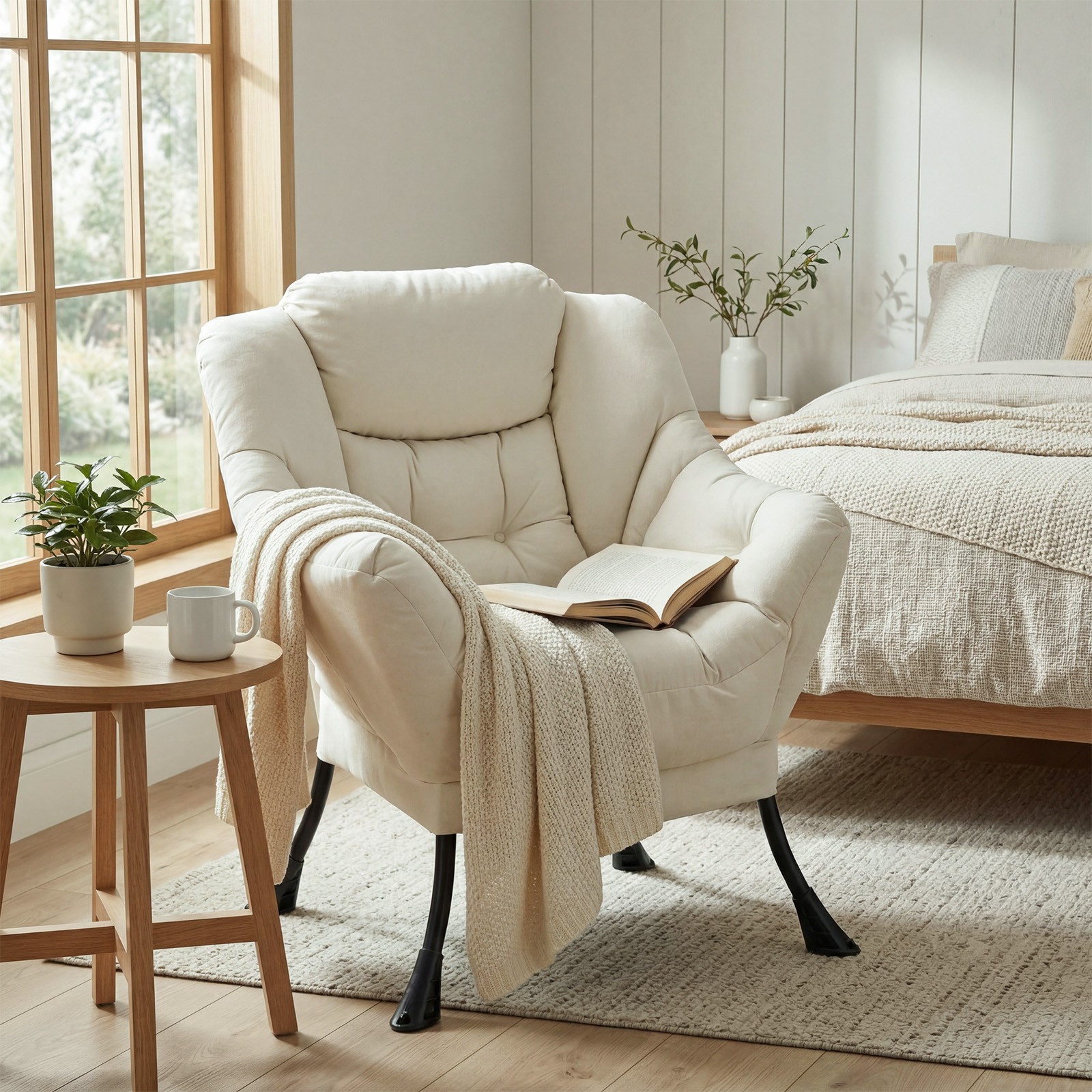 Large Accent Chair Lazy Chair with Side Pocket, Modern Reading Chair Beige