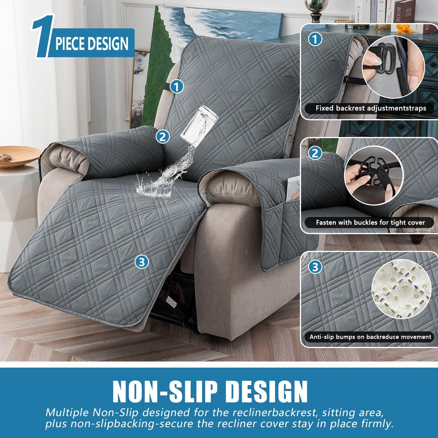 100% waterproof non-slip recliner cover, pockets, furniture protection trim