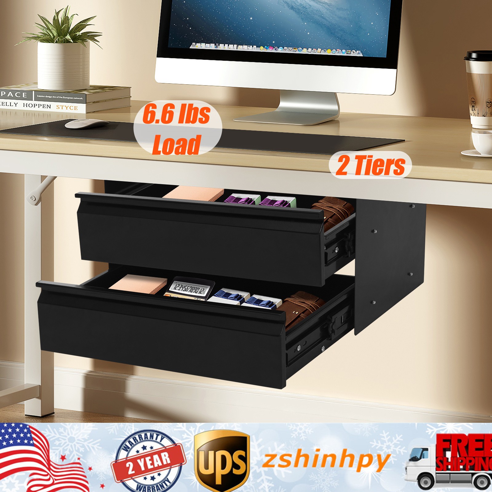 Black Dual Level 16″ Pull Out Under Desk Storage Drawer Set