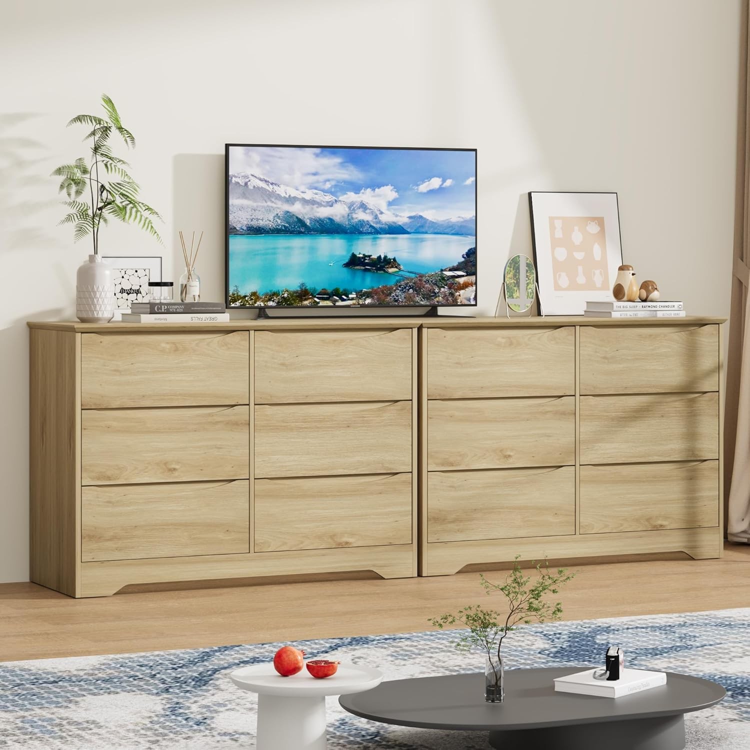Wide 6 Drawer Dresser , Handle Free Wood Chest for Bedroom Living Room Hallway