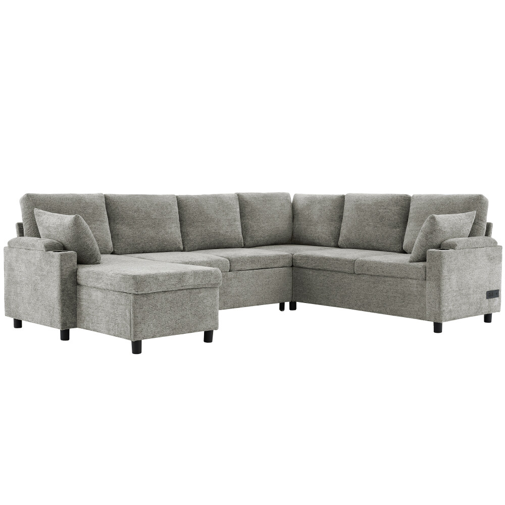 109.9″ Sectional Sofa Bed U-shaped Sofa with Storage, Cup Holders, Light Grey