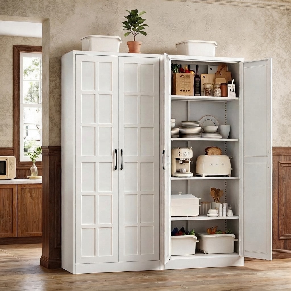71″ Tall Metal Pantry Cabinet w Adjustable Shelves, Kitchen Storage