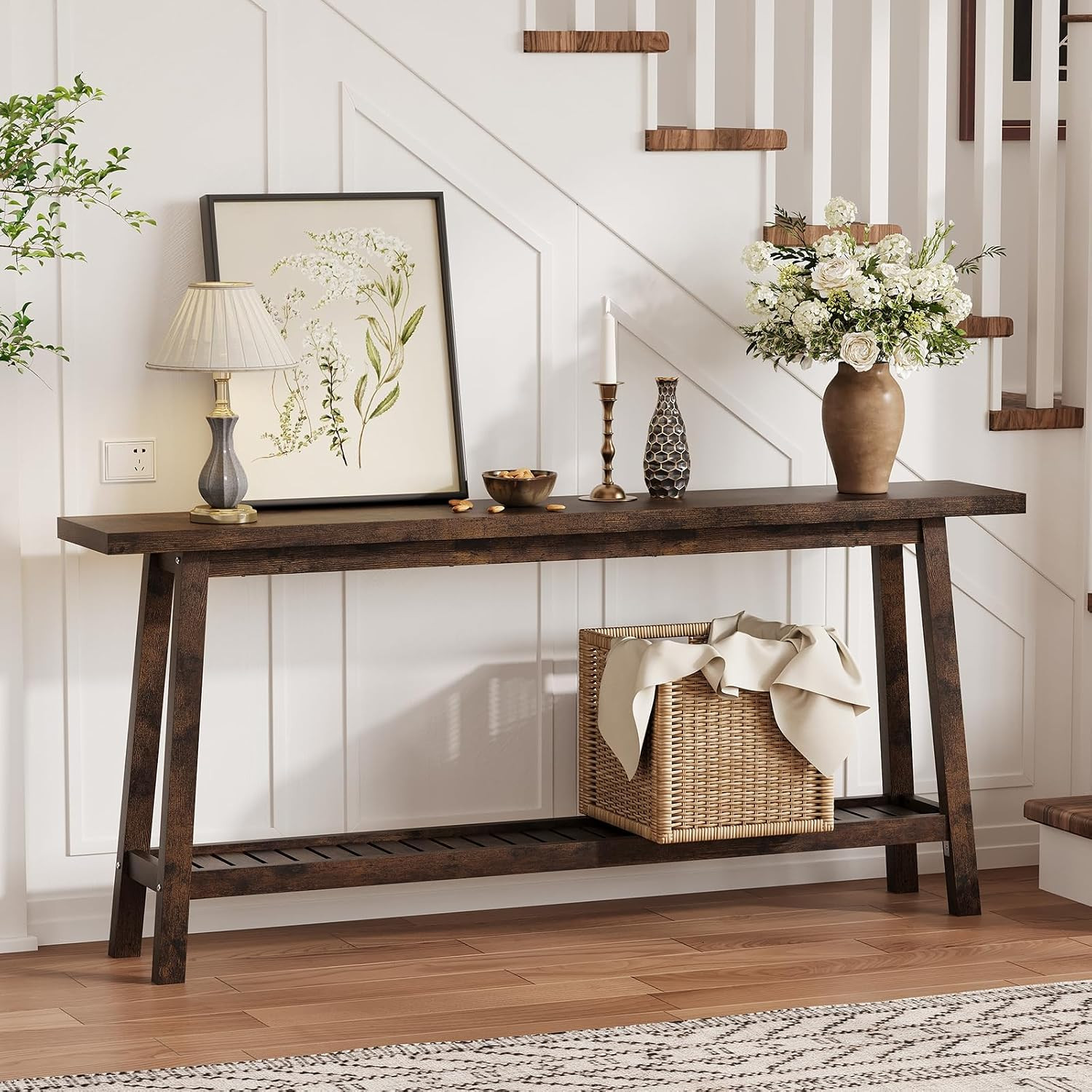 70.9″ Rustic Brown Console Table – 2-Tier Industrial Sofa Table for Entryway