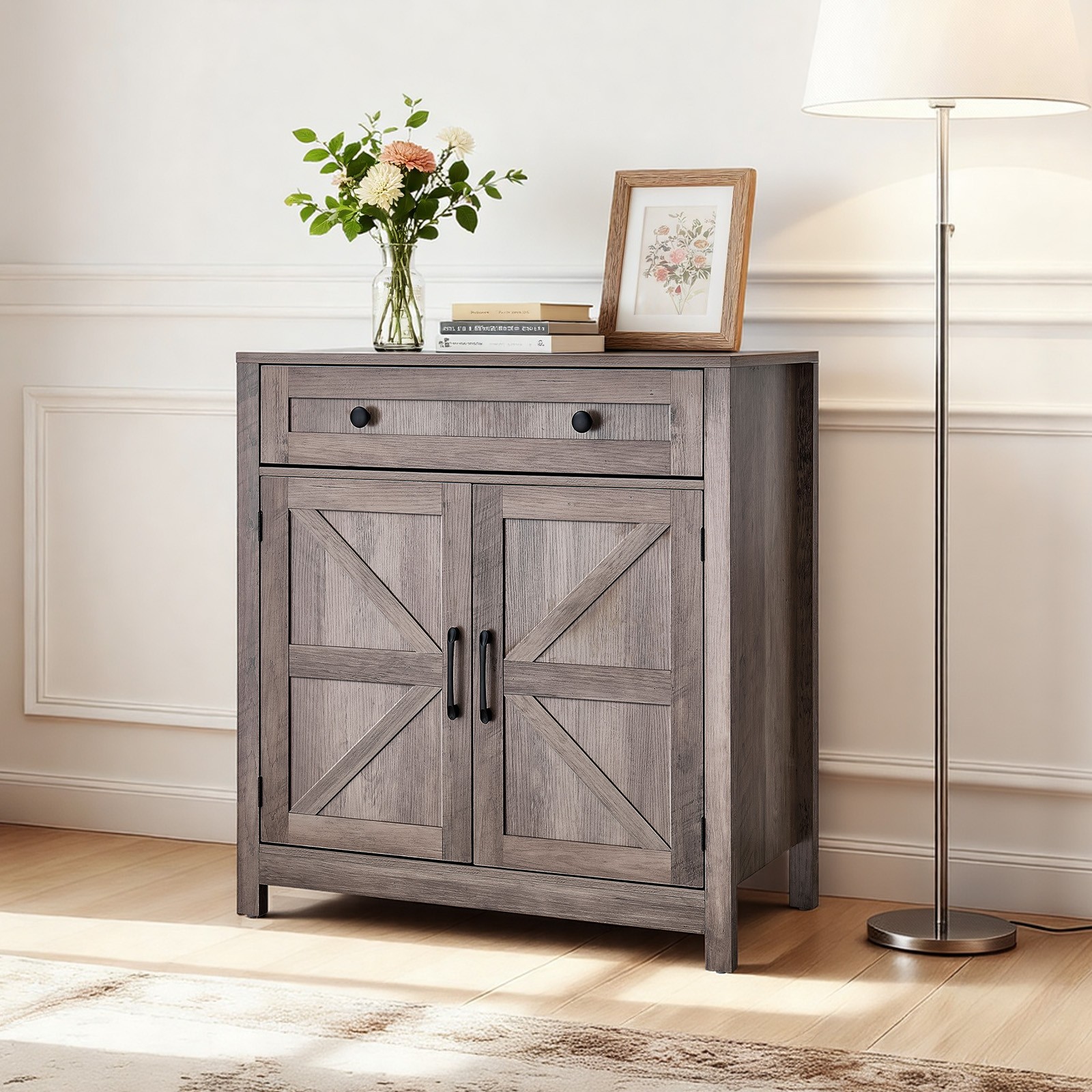 Uimoso Farmhouse Coffee Bar Cabinet with Drawer and Sliding Barn Doors in Grey
