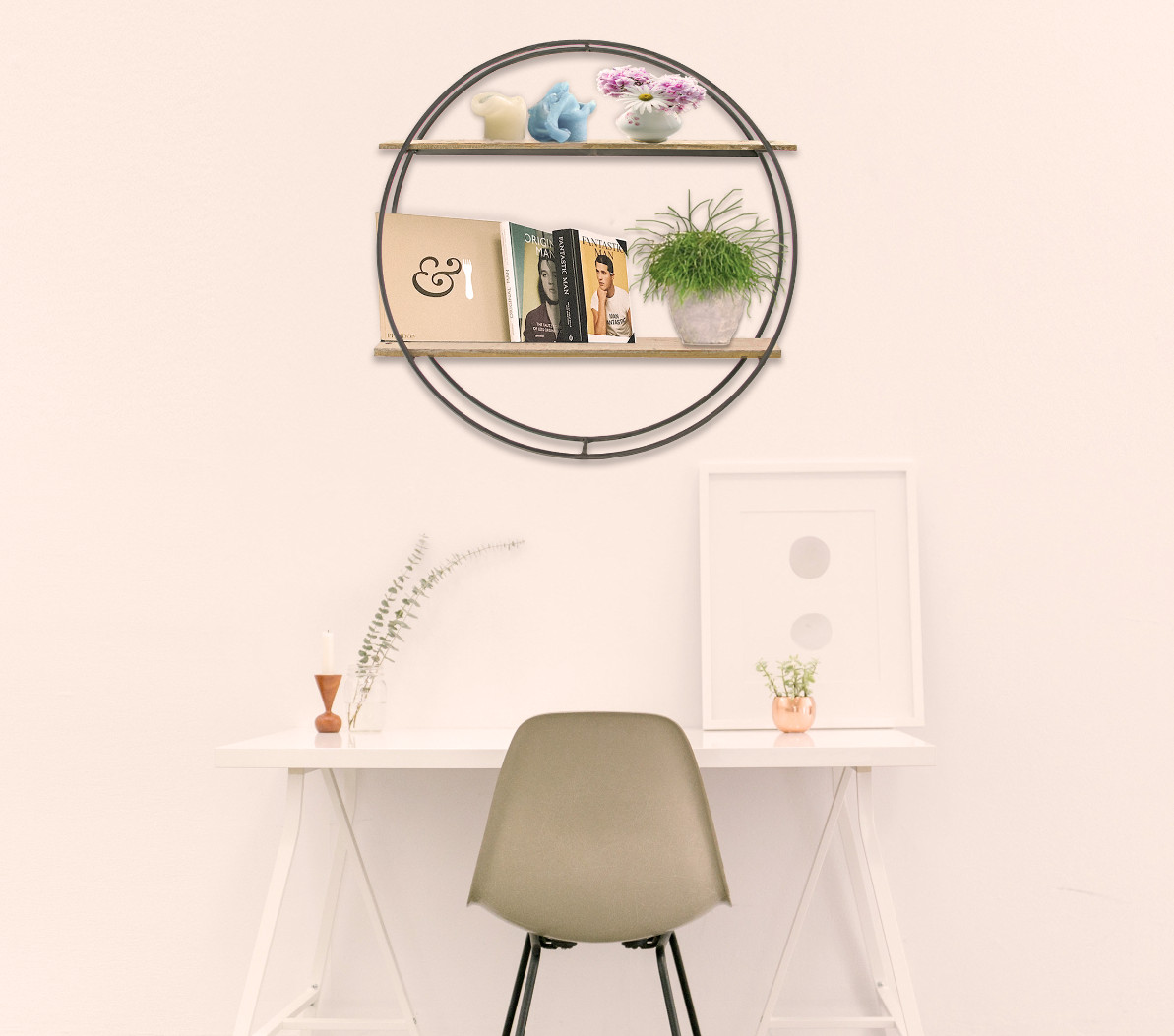 Circular Floating Hanging Shelf Double Tiered Frame Wood Slats 24IN X 24IN X 4IN