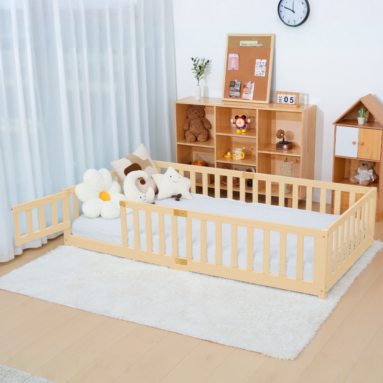 H&ZT 78″Lx42″W Toddler Floor Bed, Montessori Floor Bed with Rails Lockable Door
