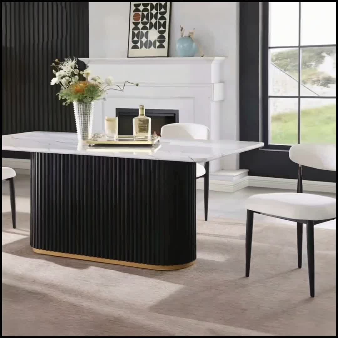 69″ Rectangular Faux Marble Dining Table Black Gold Base Seats 6