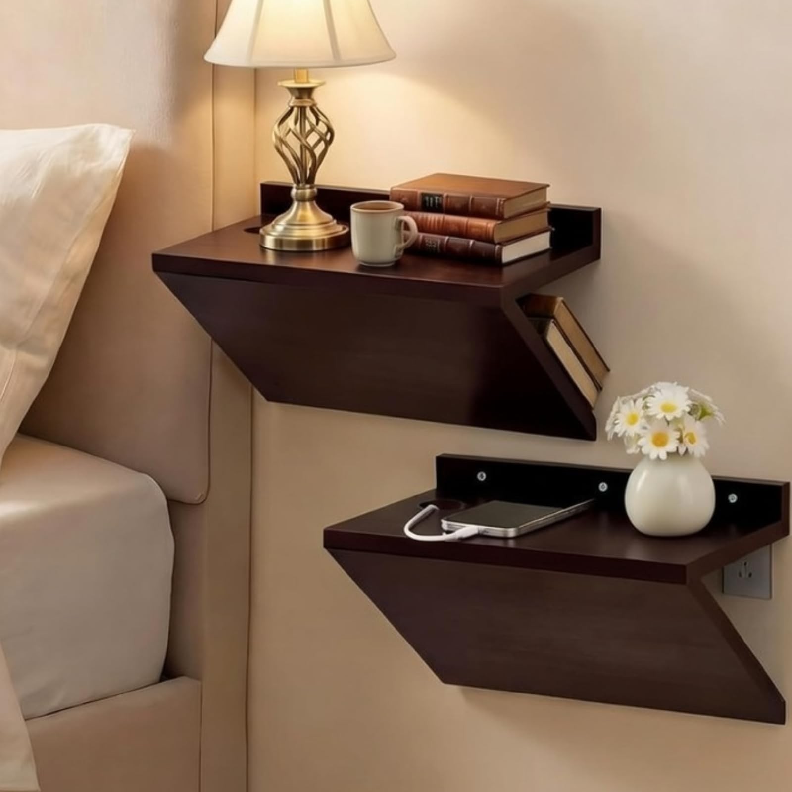 Fiwochic 2 Pack 13 x 7 x 5.5 Inch Floating Nightstand Wooden Bedside V Shape …