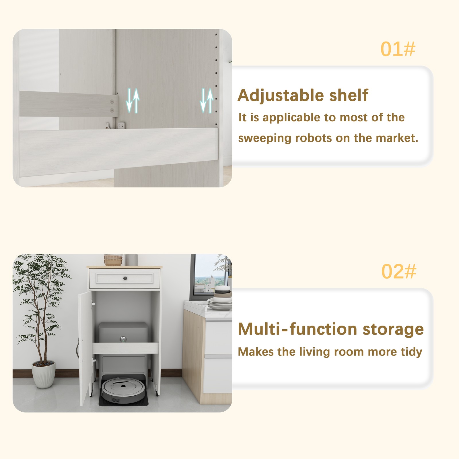 Robot Vacuum Stand with Wheels, Storage Cabinet with Doors & Drawers