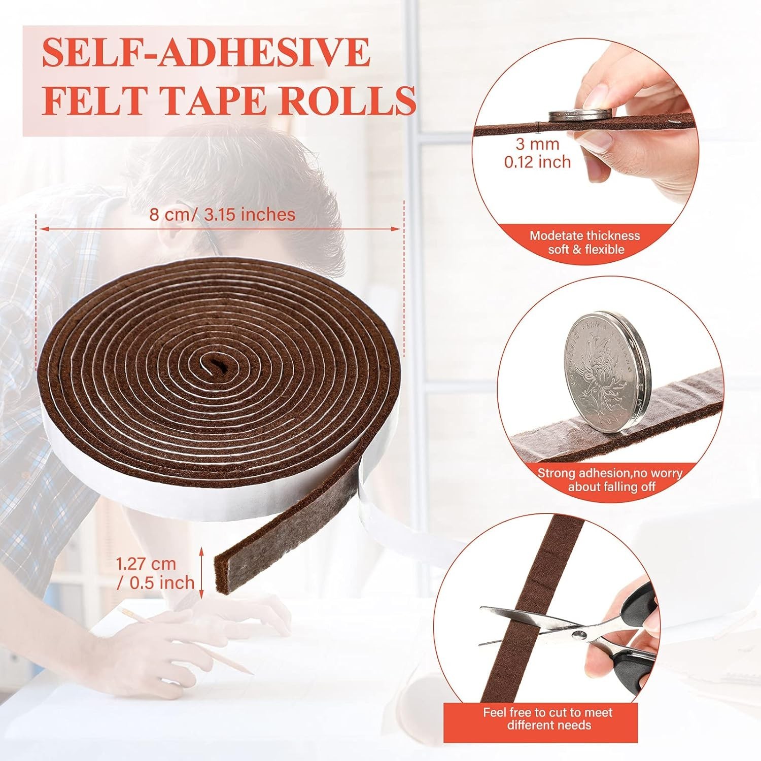 4 Rolls 120 Inch Felt Strip with Adhesive Backing Felt Tapes Furniture Felt Stri