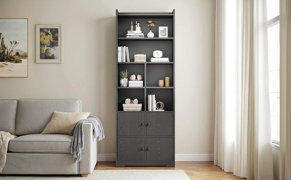 Bookshelf with Doors, Book Shelf with Storage Shelves, 74.6 in Tall Bookcase for