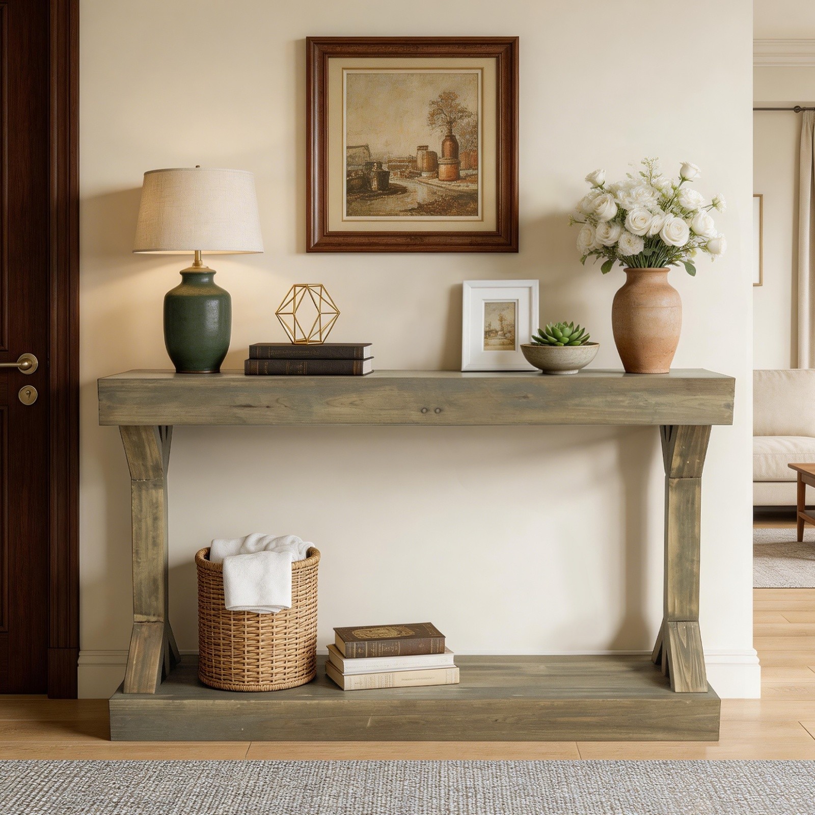 Long Solid Wood Console Table Rustic Farmhouse Entryway Sofa Table with Shelf