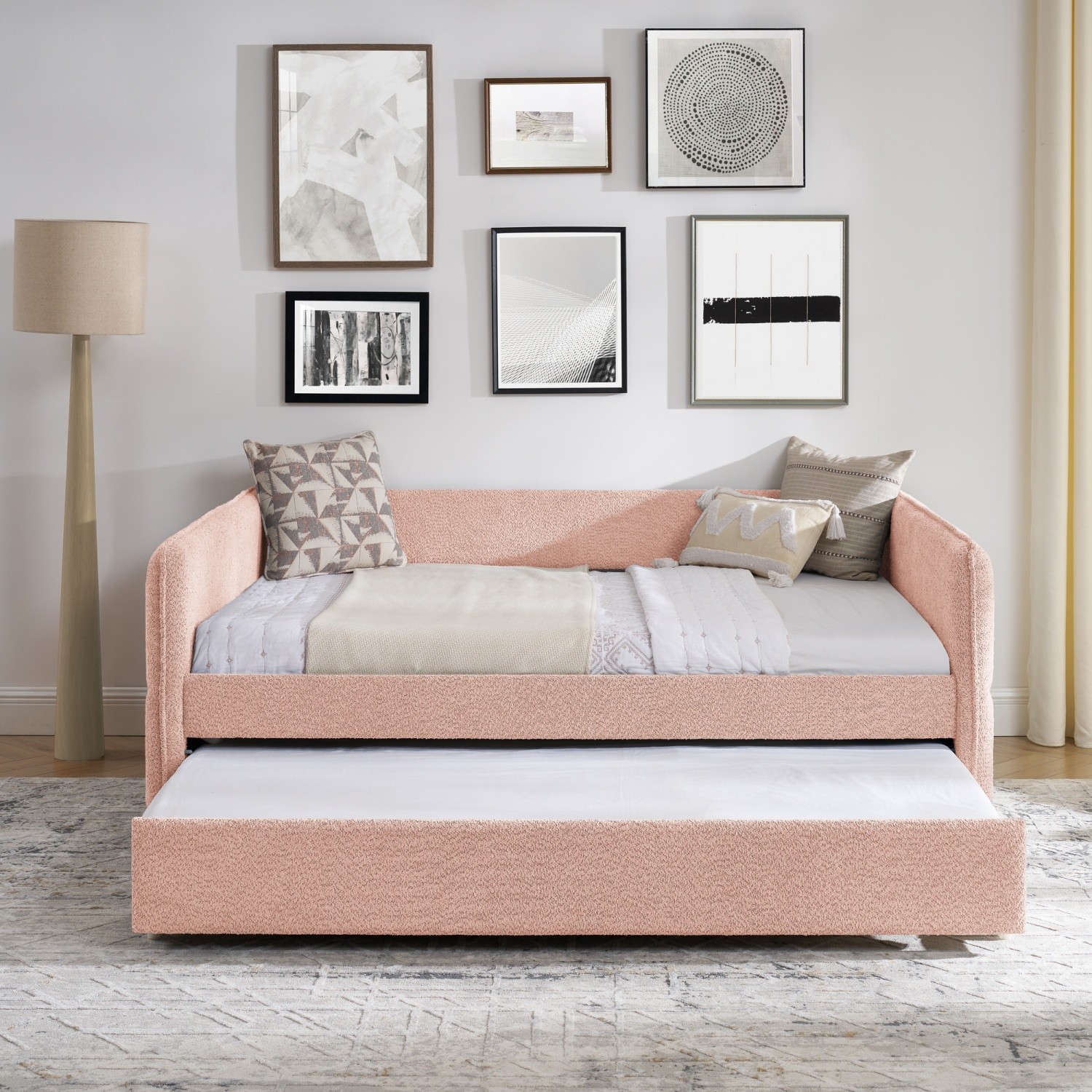 Full Daybed with Pull-Out Trundle Boucle Upholstered Sofa Bed Pink/Yellow/Blue