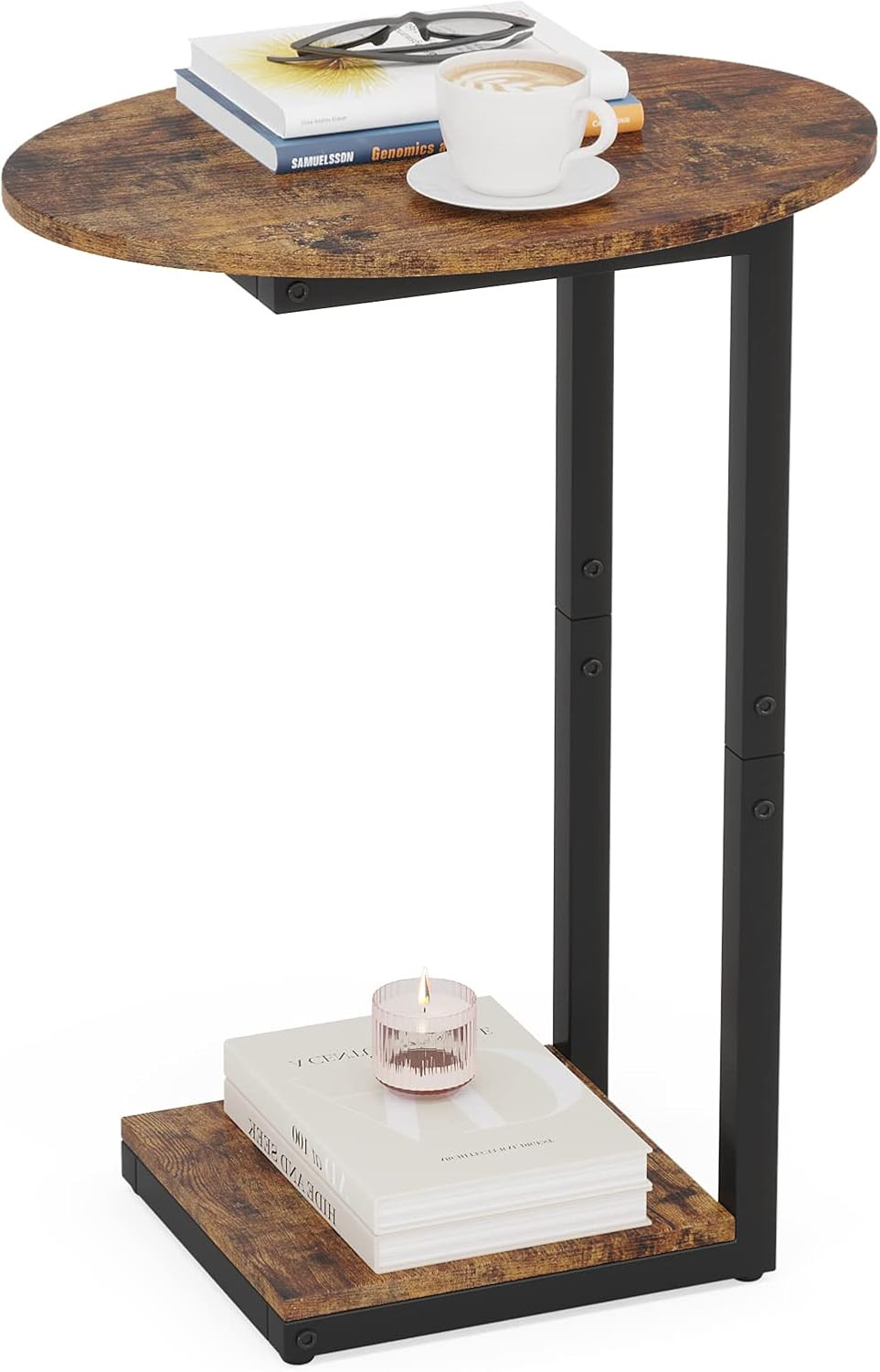 Side Table Small End Table, C-Shaped Wood Sofa Table with Metal Frame for Living