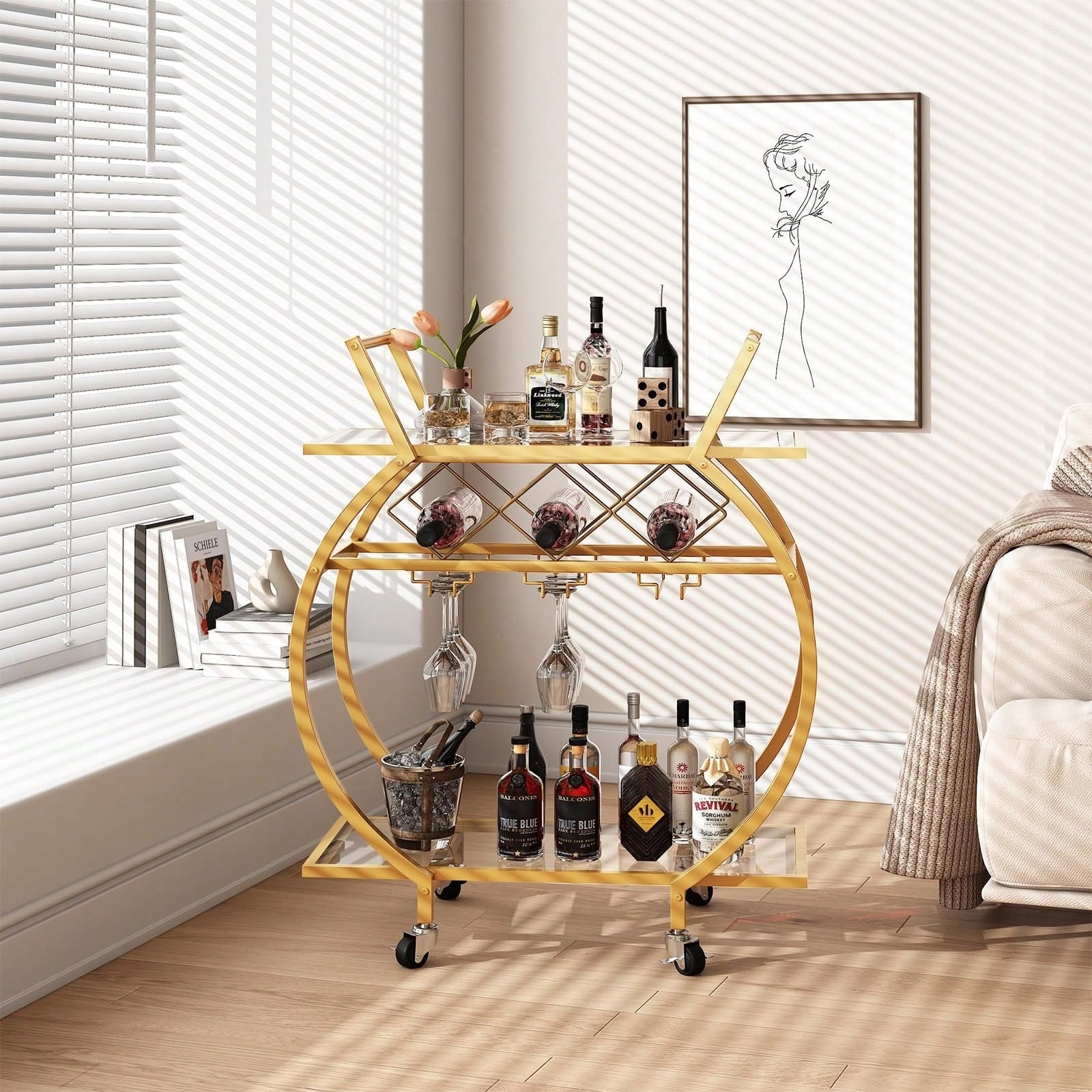 Glass Bar Trolley 2 Tier Rolling Wine Rack Cart with Wheels Metal Frame