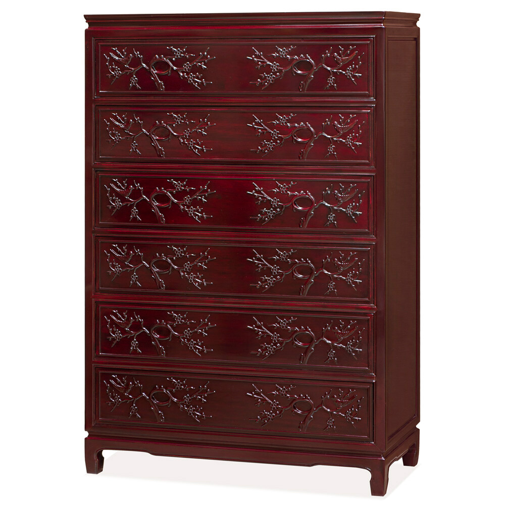 US SELLER – Dark Cherry Rosewood Flower and Bird Chinese High Chest of Drawers