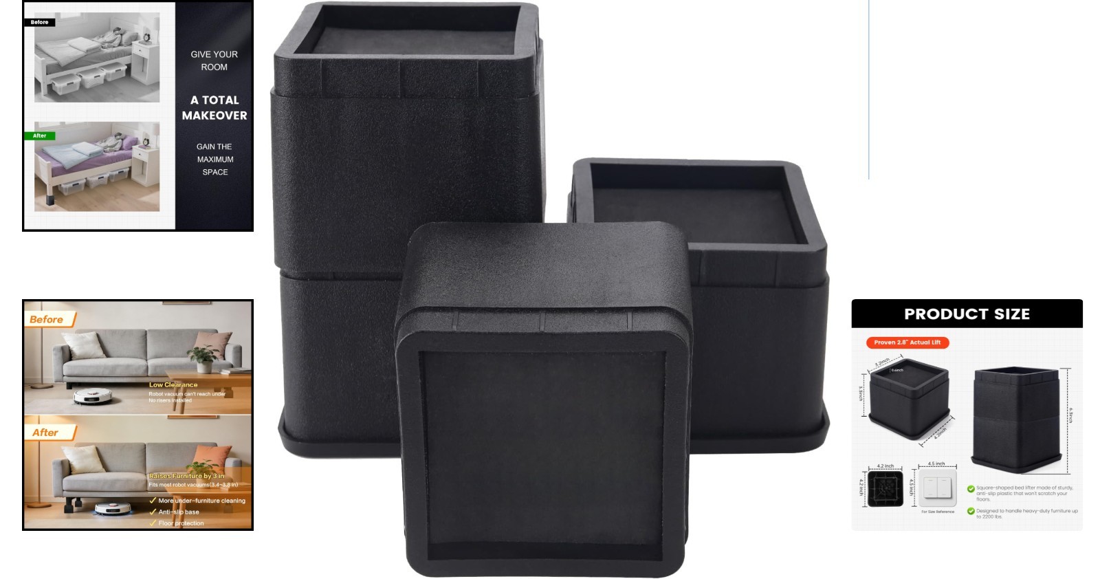 Stackable Bed Risers 3-6 Inch – Durable Furniture Elevators Supporting 2200 lbs