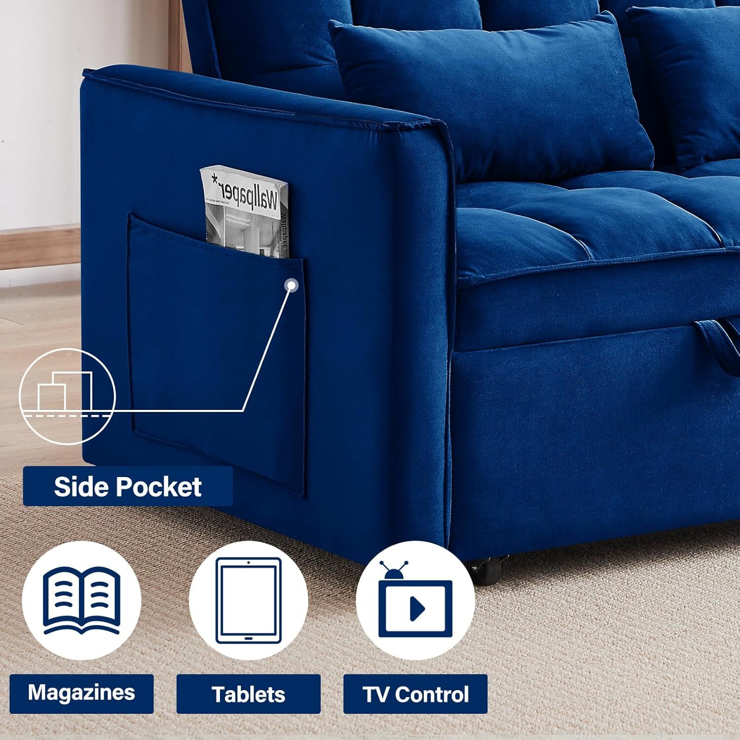 Sofa Bed Couch Sleeper Convertible Pull-Out Bed Couch With Side Pockets