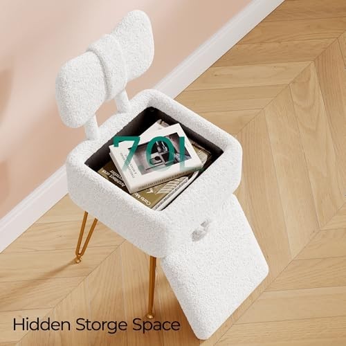 Small Vanity Chair with Storage, Folding Back, Teddy Fleece Ottoman, White