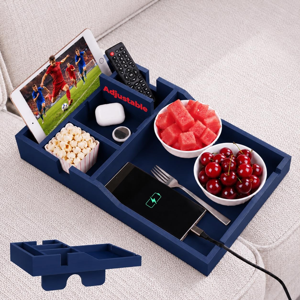 Bamboo Sofa Tray Insert with 2 Cup Holders Blue Color Sofa Organizer Tray Table