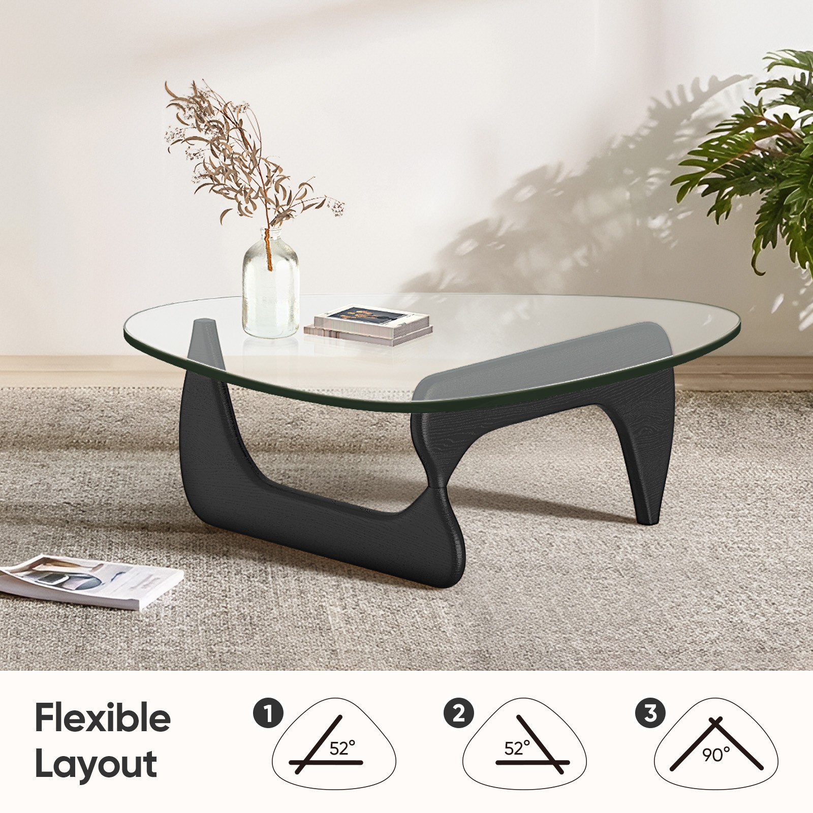 Classic Style Coffee Table 0.8″ Triangle Glass Top Solid Haredwood Base Black