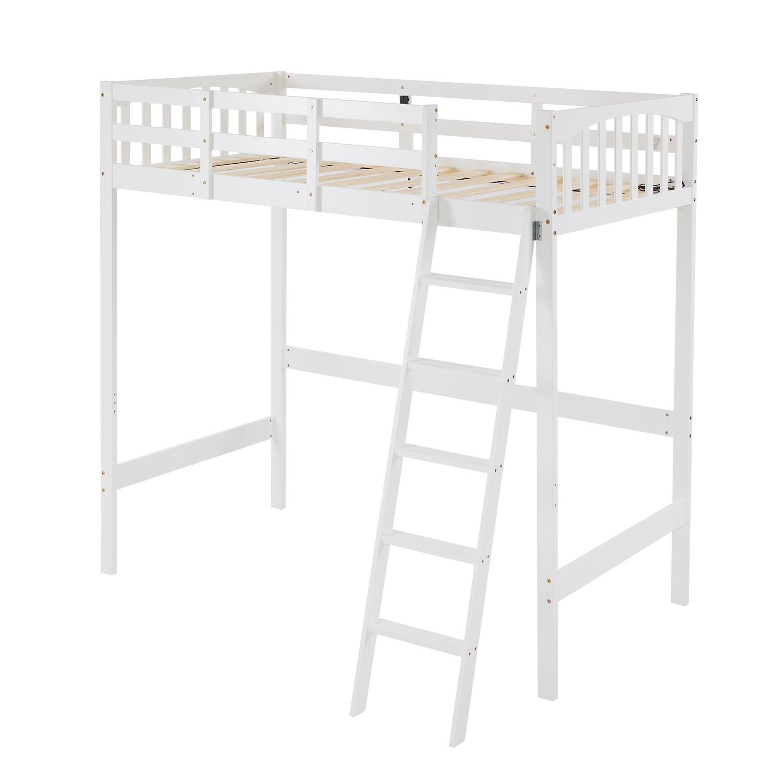 Solid Wood Loft Bed Frame w/Safety Guardrails & Ladder for Kids/Teens/Adults