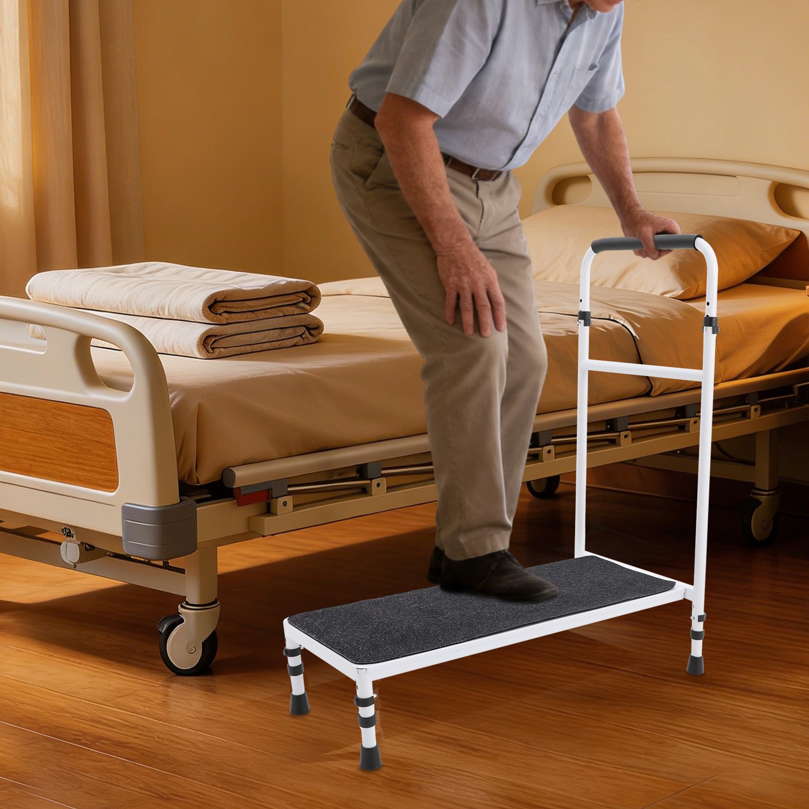 Bedside Step Stool with Handle, 330 lbs Capacity, Adjustable Height 34-39 Inch,