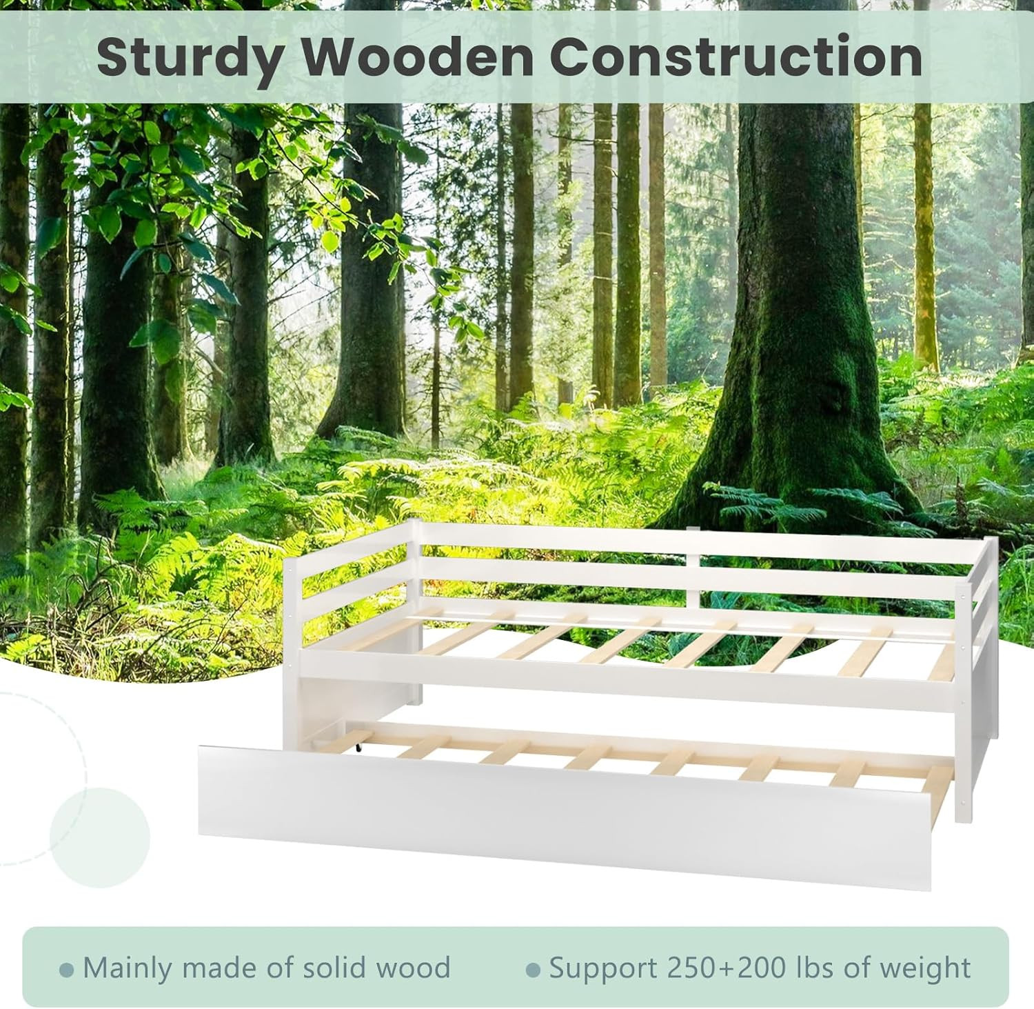 Twin Daybed with Trundle White, Wood Trundle Bed with Wood Slat Support, Mid Cen