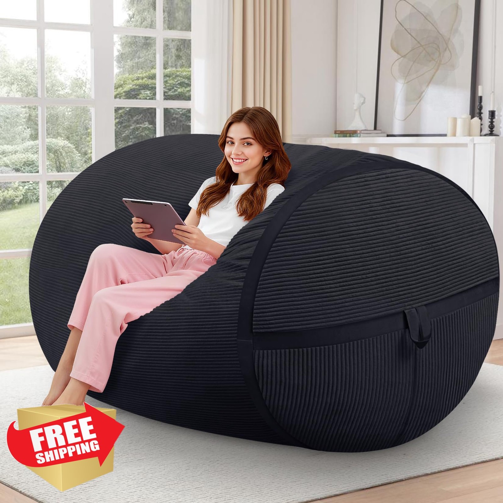 HABUTWAY 4FT Black Corduroy Bean Bag Chair Memory Foam Sofa Comfy
