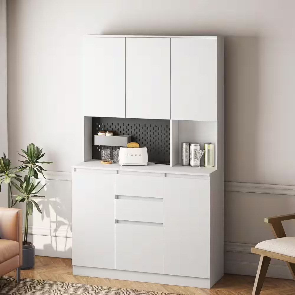 74 In. H White Living Room Kitchen Storage Cabinet with Sliding Door with Chargi