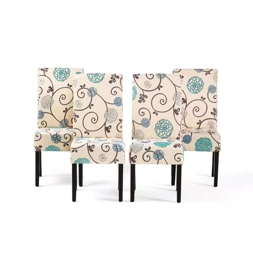 Pertica Light Beige with Blue Floral Fabric Upholstered Dining Chair (Set of 4)