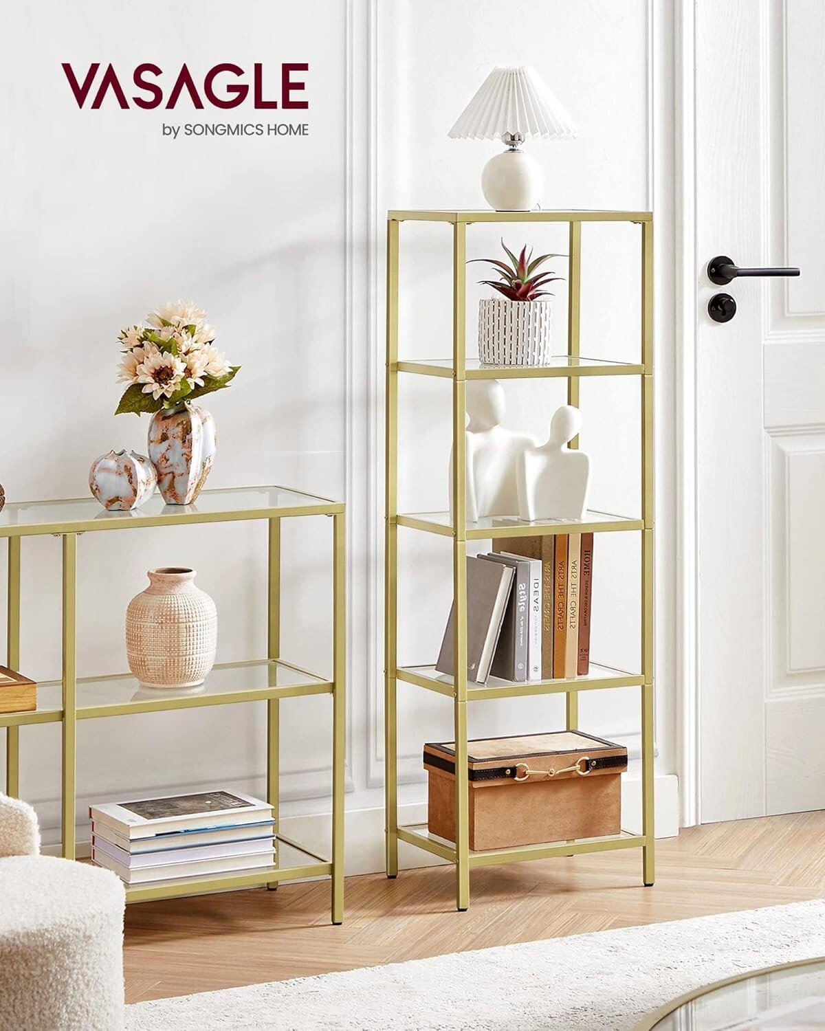 Modern 5-Tier Tempered Glass Bookcase with Gold Steel Frame – Stylish & Durable