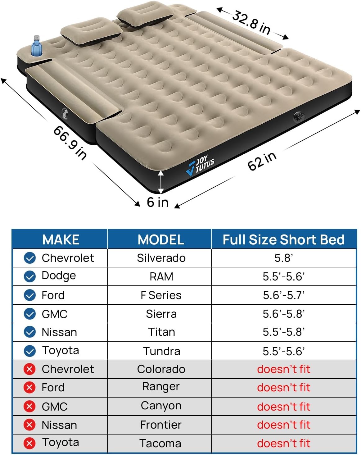 Colchón inflable para caja de camioneta 5.5–5.8 ft con bolsa y portavasos