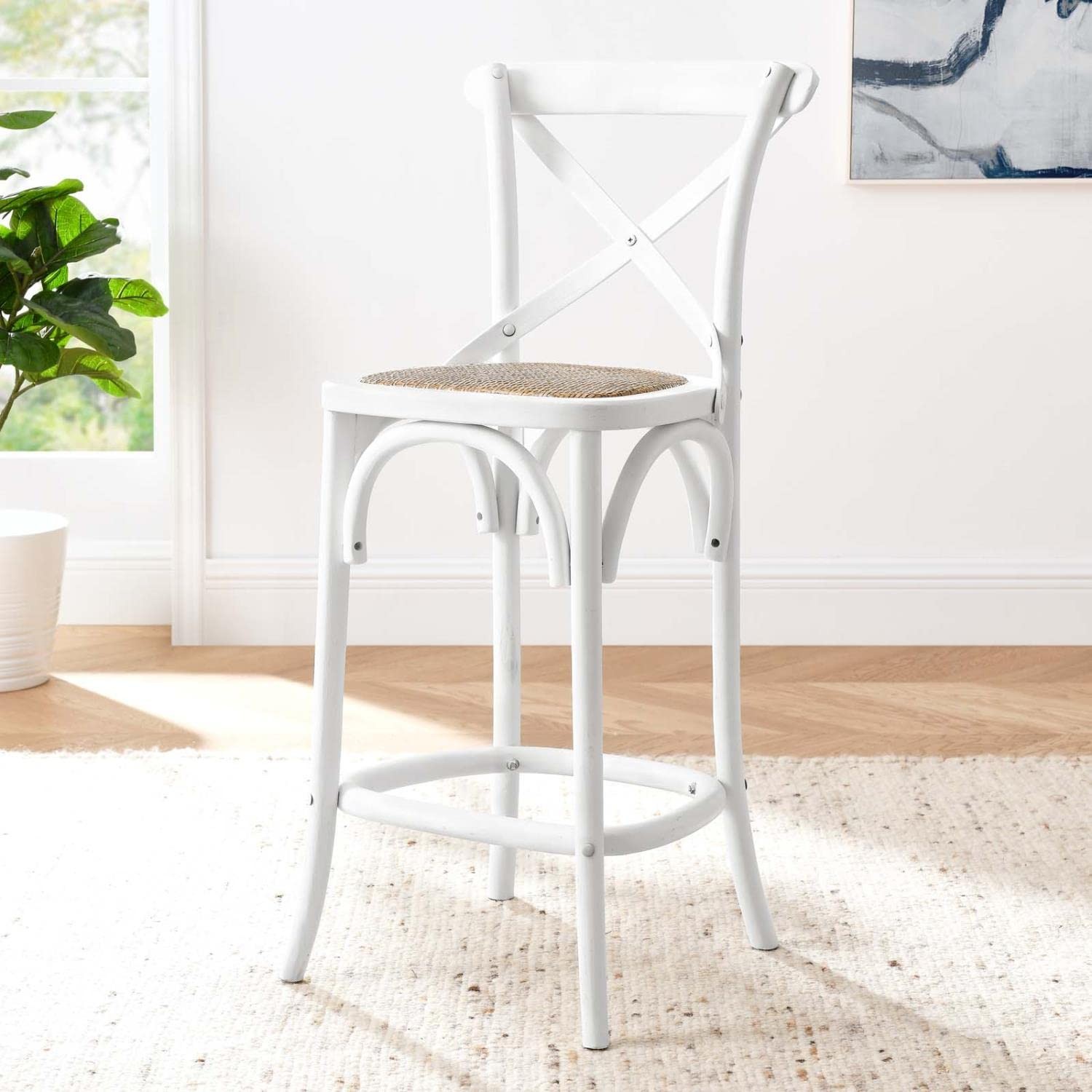 Modway Gear 39.5″ Rattan and Elm Wood Counter Stool in White Finish