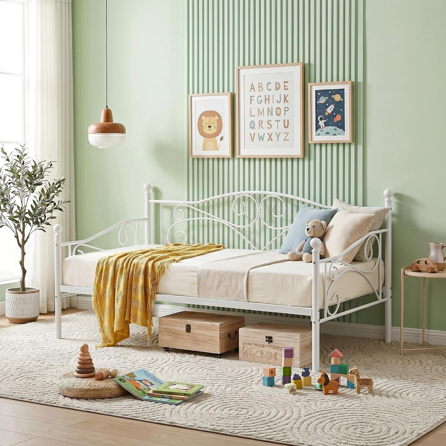 Daybed Frame, Twin Size Metal Platform Bed with Headboard,Heavy Duty Steel Slats
