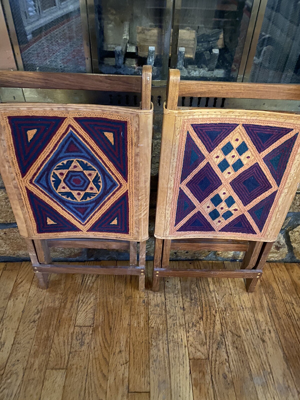 Set Of 2 Handmade Wood and Leather Embroidered Folding Chair made in India. READ
