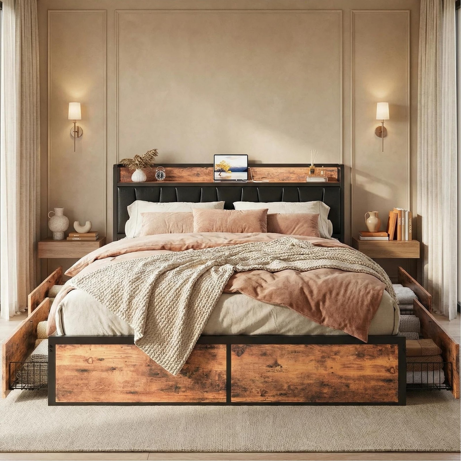 California King Bed Frame with 4 Storage Drawers, Platform Bed with Charged H…