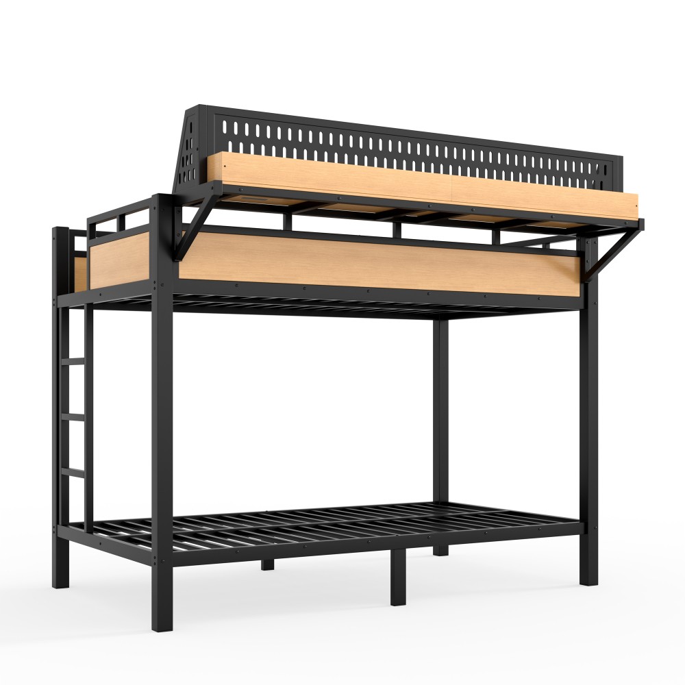 Twin XL over Twin XL Size Metal Bunk Bed with Storage Shelves and Pegboard