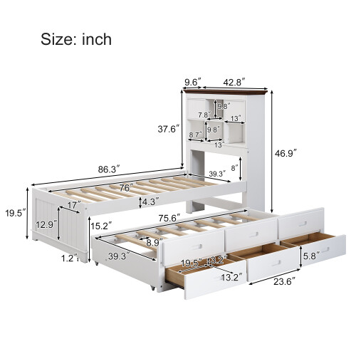 Solid Wood Bedroom Sets Captain Bed with Trundle & 3 Drawers Bookcase Headboard