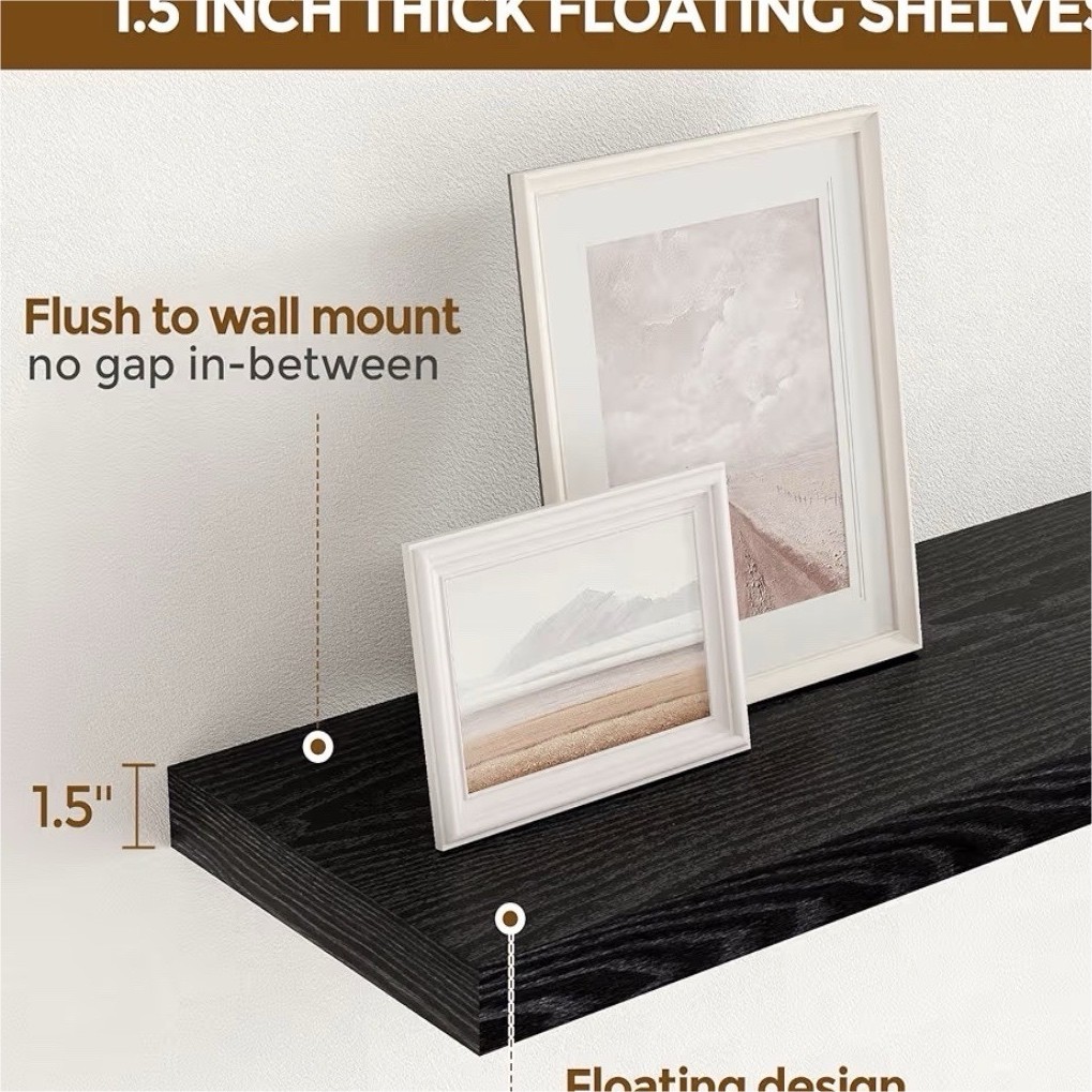 Fun Memories Black Wood Floating Shelves Set of 2, 24×9.3×1.5in Wall Mounted