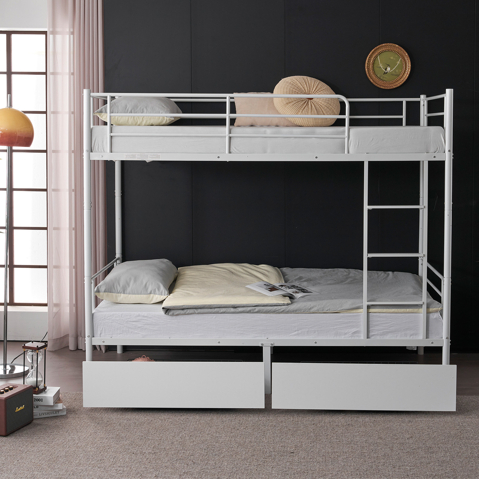 Metal Twin over Twin Bunk Beds Frame Ladder 2 Drawer Adult Kids Bedroom Dorm